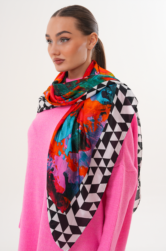 Sangue e Antidoto – Sanatsal Desenli Büyük Boy İpek Fular (123x123 cm)