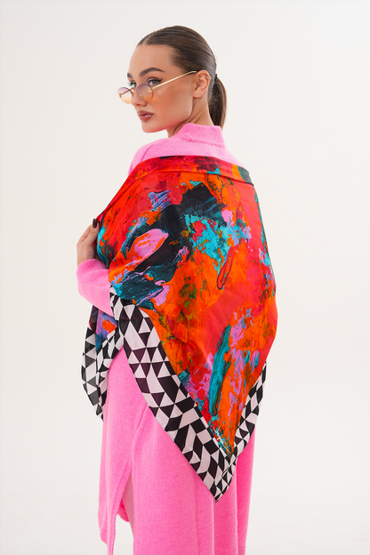 Sangue e Antidoto – Sanatsal Desenli Büyük Boy İpek Fular (123x123 cm)