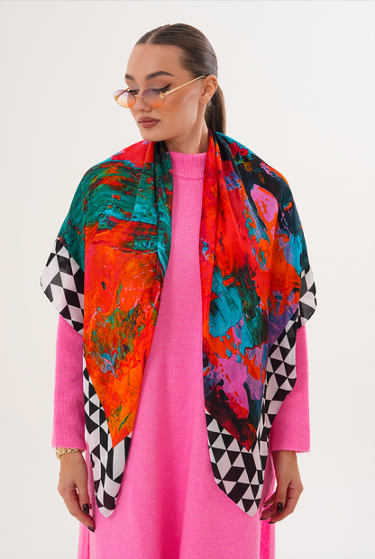 Sangue e Antidoto – Sanatsal Desenli Büyük Boy İpek Fular (123x123 cm)