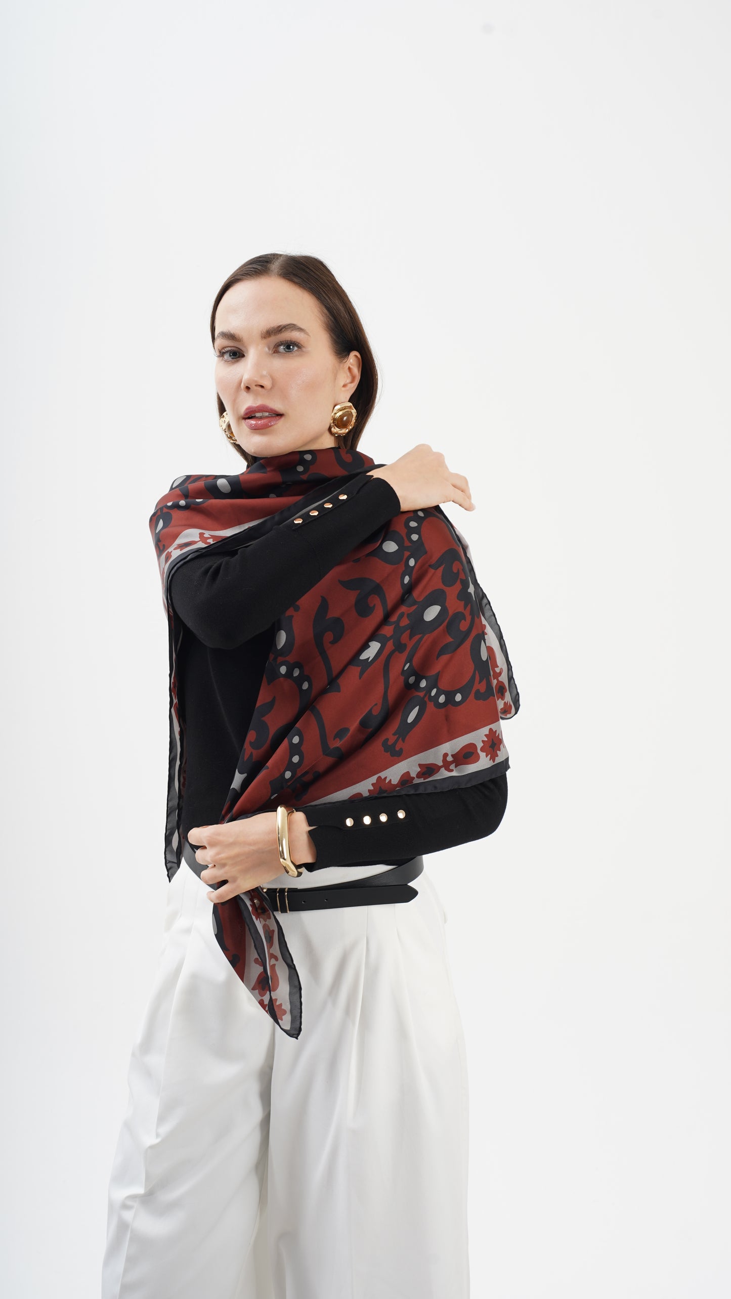 Rose Bordeaux 123x123 -Etnik desenli büyük boy fular