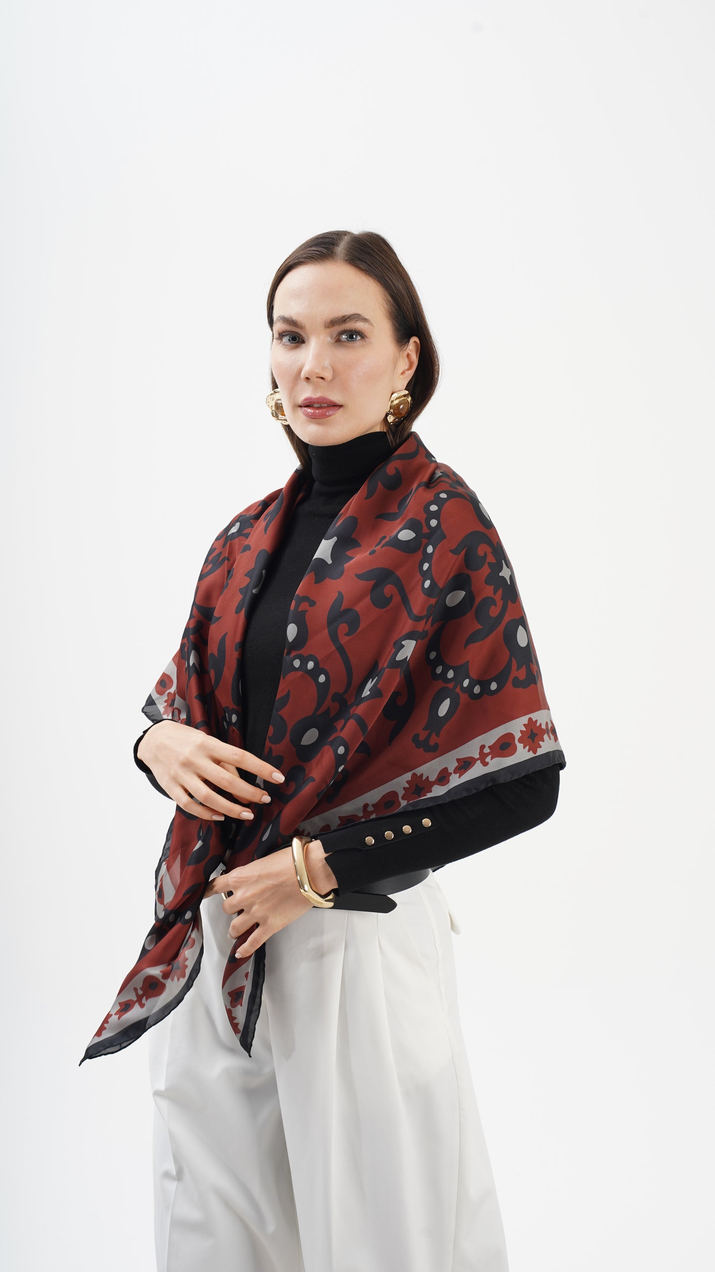 Rose Bordeaux 123x123 -Etnik desenli büyük boy fular