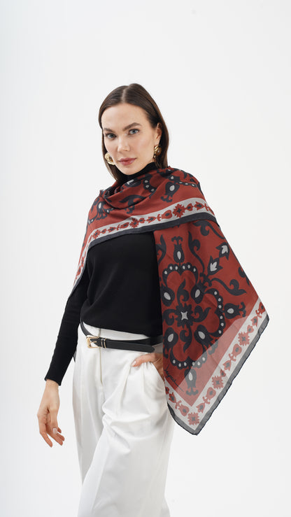 Rose Bordeaux 123x123 -Etnik desenli büyük boy fular