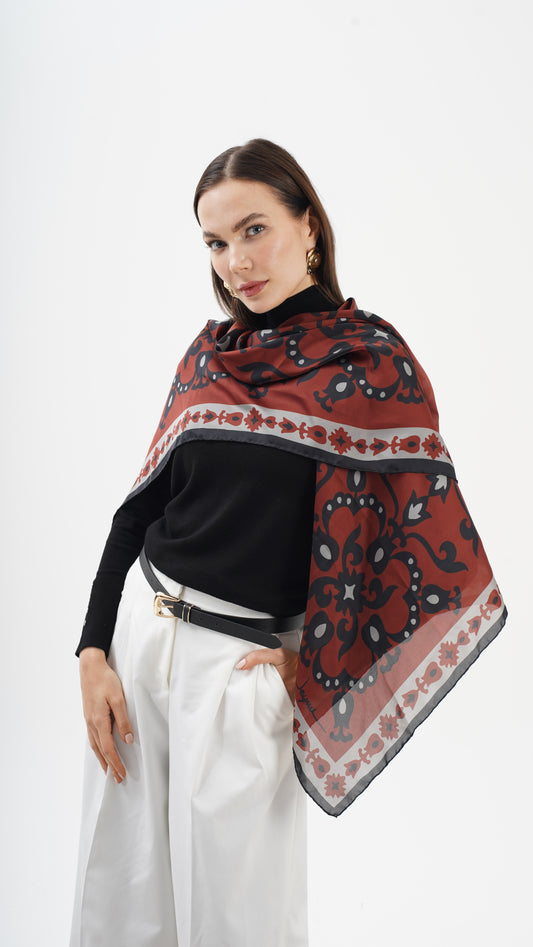 Rose Bordeaux 123x123 -Etnik desenli büyük boy fular