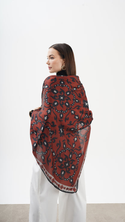 Rose Bordeaux 123x123 -Etnik desenli büyük boy fular