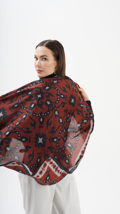 Rose Bordeaux 123x123 -Etnik desenli büyük boy fular