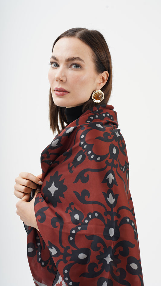 Rose Bordeaux 123x123 -Etnik desenli büyük boy fular