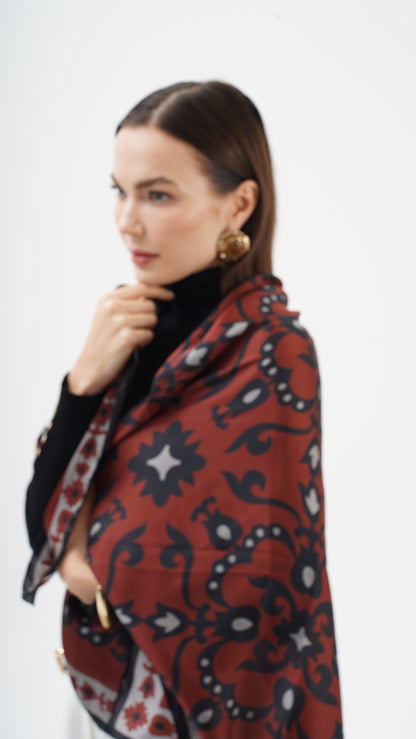 Rose Bordeaux 123x123 -Etnik desenli büyük boy fular