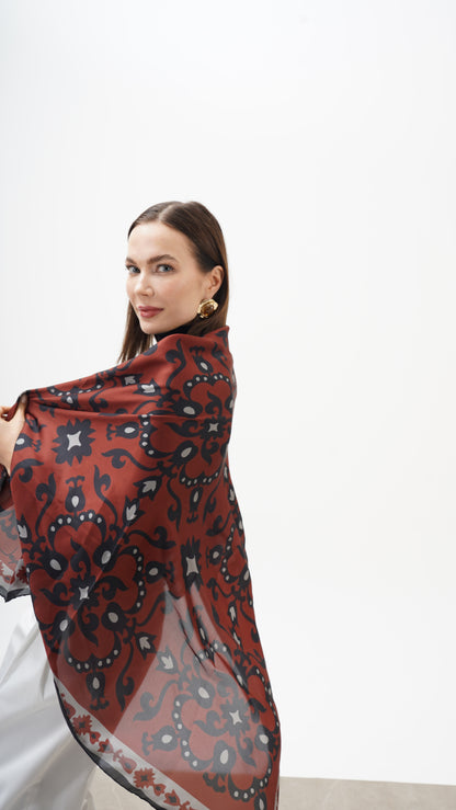 Rose Bordeaux 123x123 -Etnik desenli büyük boy fular