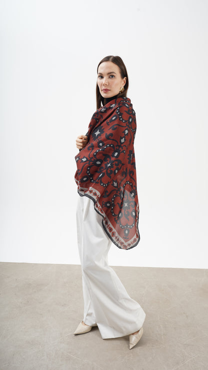 Rose Bordeaux 123x123 -Etnik desenli büyük boy fular