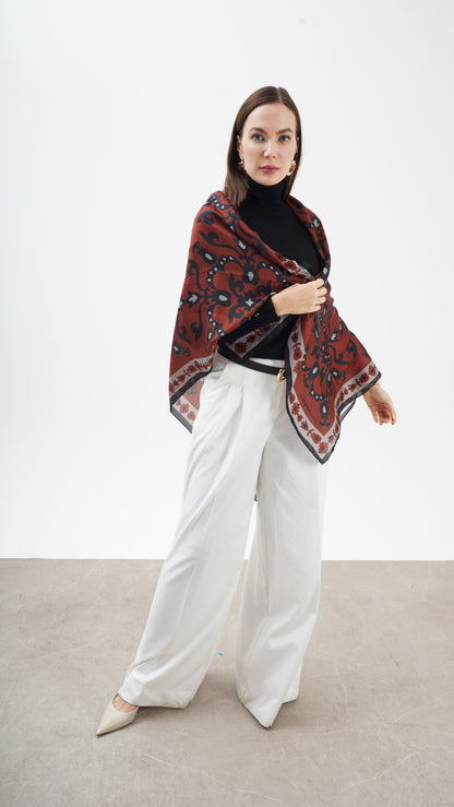 Rose Bordeaux 123x123 -Etnik desenli büyük boy fular